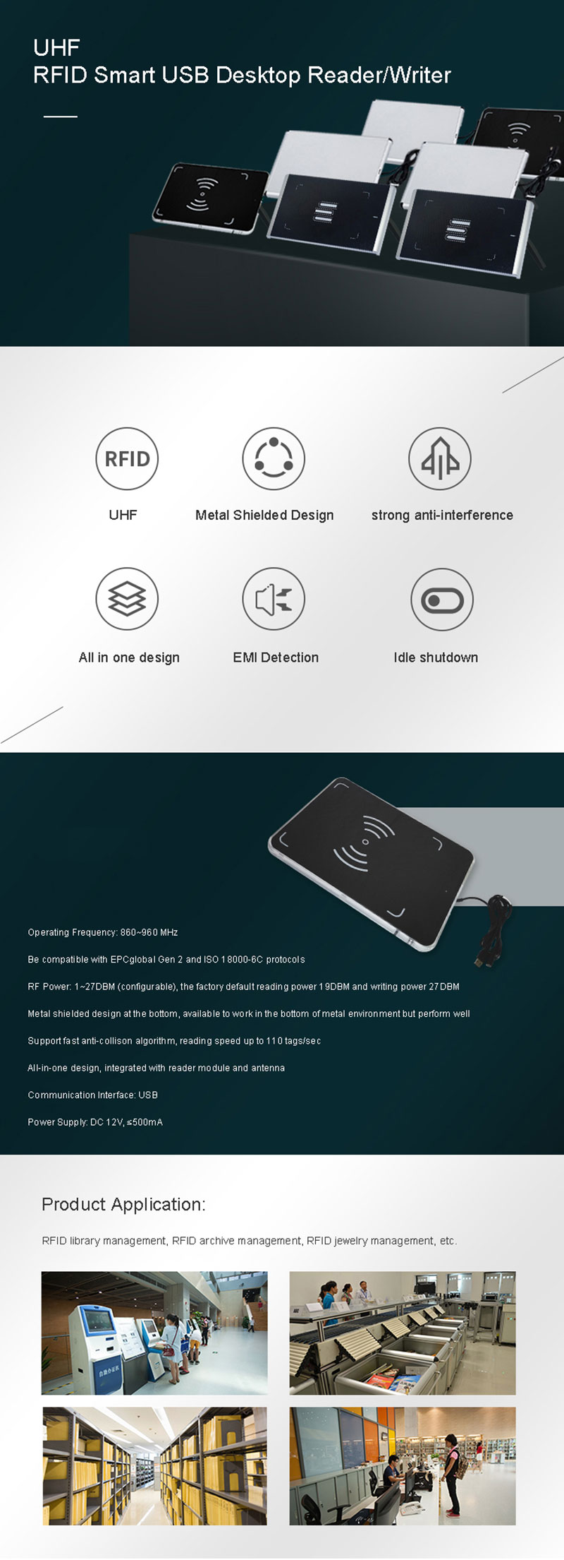 เครื่องอ่าน/เขียนเดสก์ท็อป USB อัจฉริยะ UHF RFID